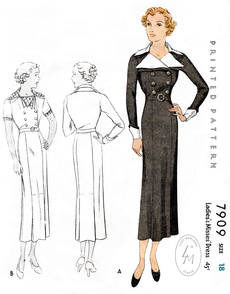 1930s 1934 suit dress McCall 7909 pointed collar and cuffs double breasted inverted pleat skirt vintage sewing pattern reproduction