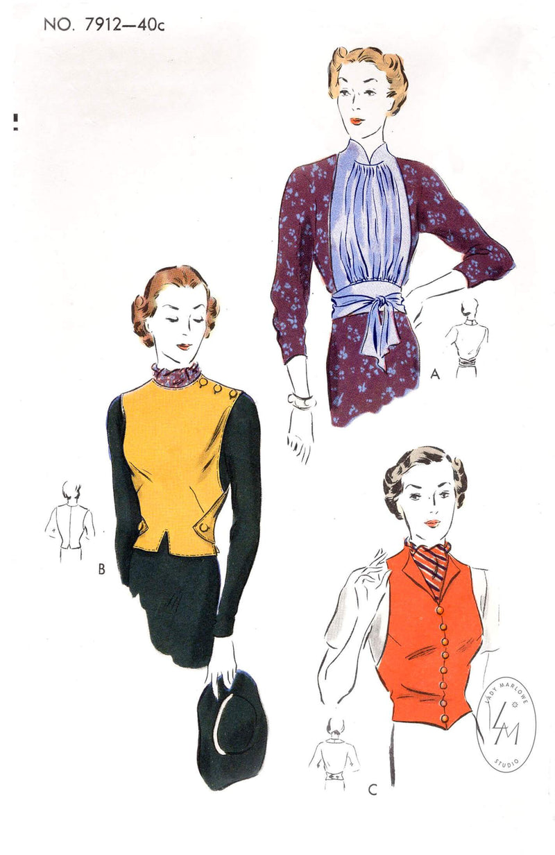 1930s blouse toppers in 3 styles Vogue 7912 gilet vest and draped styles vintage sewing pattern repro