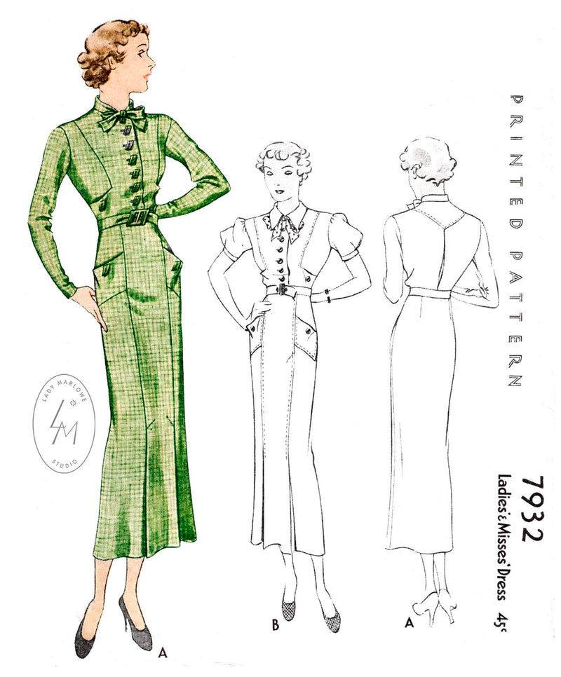 1930s 1934 vintage dress pattern McCall 7932 two styles short puff sleeves long straight sleeves inverted pleat skirt bow tie collar reproduction
