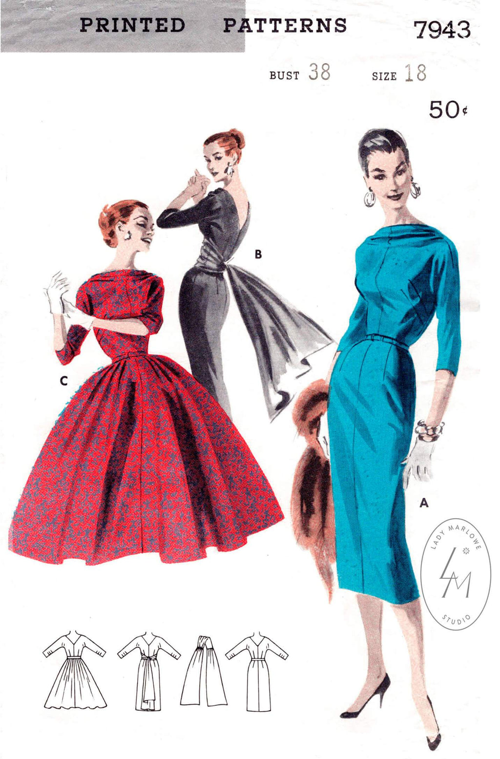 Butterick 7943 1950s dress sewing pattern 1950 50s