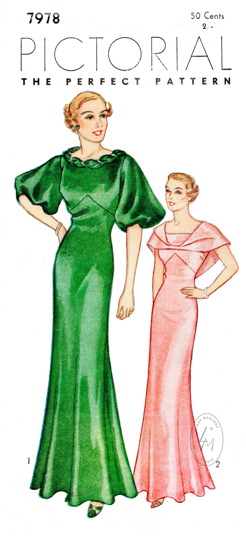 1930s evening gown in 3 styles Pictorial 7978 vintage sewing pattern reproduction