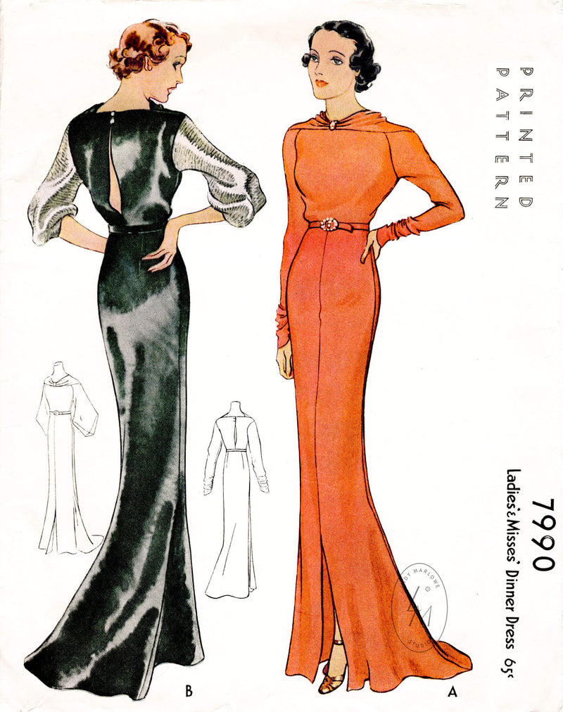 McCall 7990 1930s 1934 evening dress dinner gown fishtail hem vintage sewing pattern