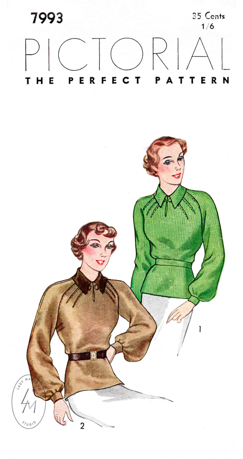 Pictorial Review 7993 1930s raglan sleeve blouse vintage sewing pattern reproduction