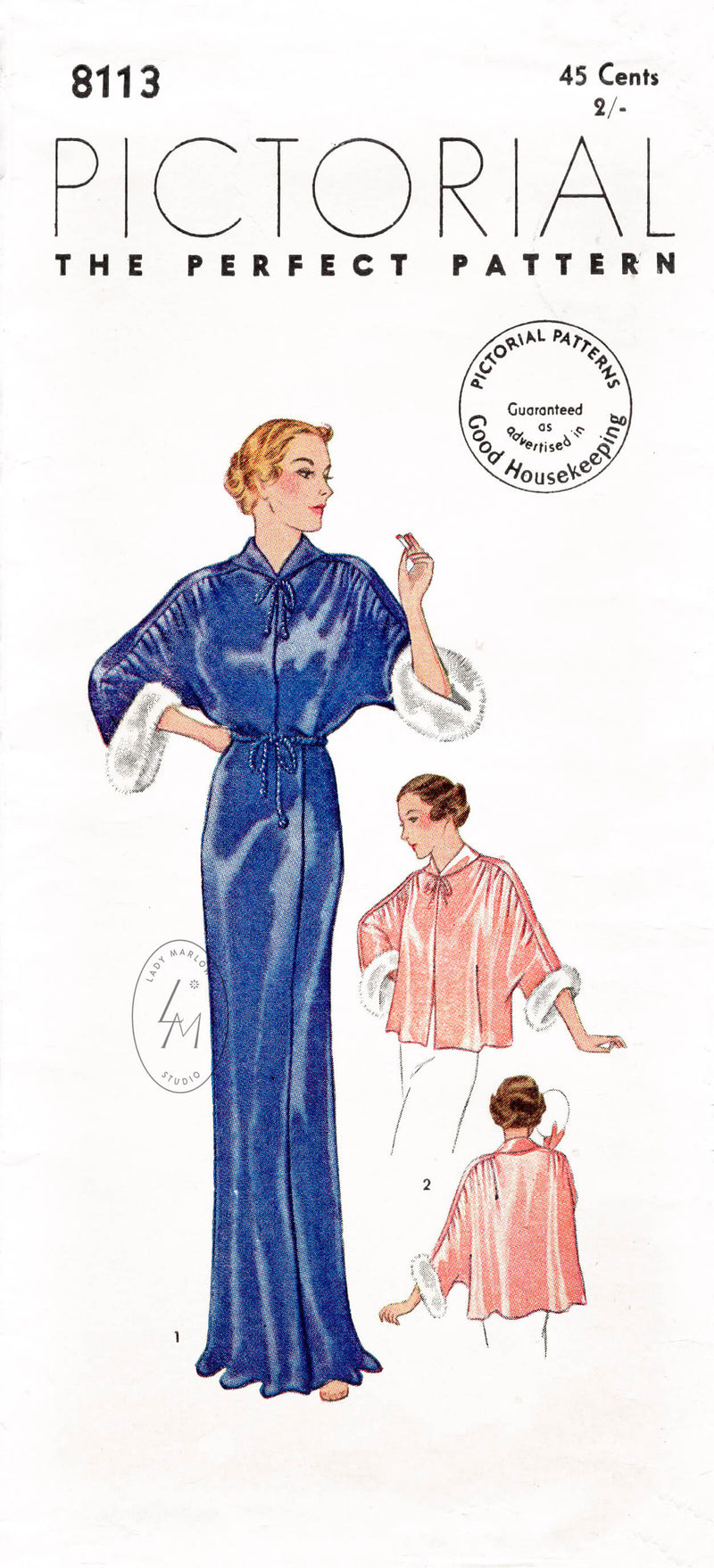 Pictorial 8113 1930s evening negligee dress & bed jacket sewing pattern