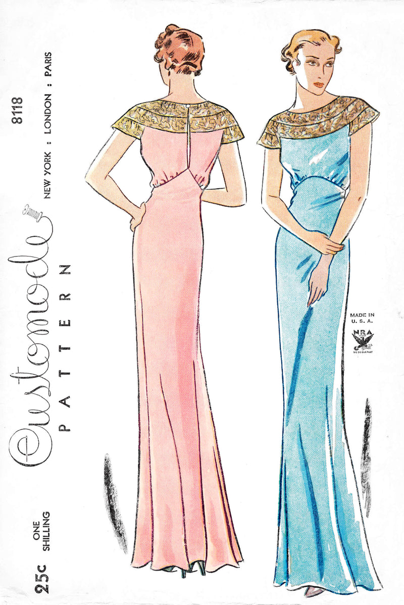 1930s 30s Simplicity Customode 8118 evening gown bias cut dress molded cap sleeves vintage sewing pattern reproduction