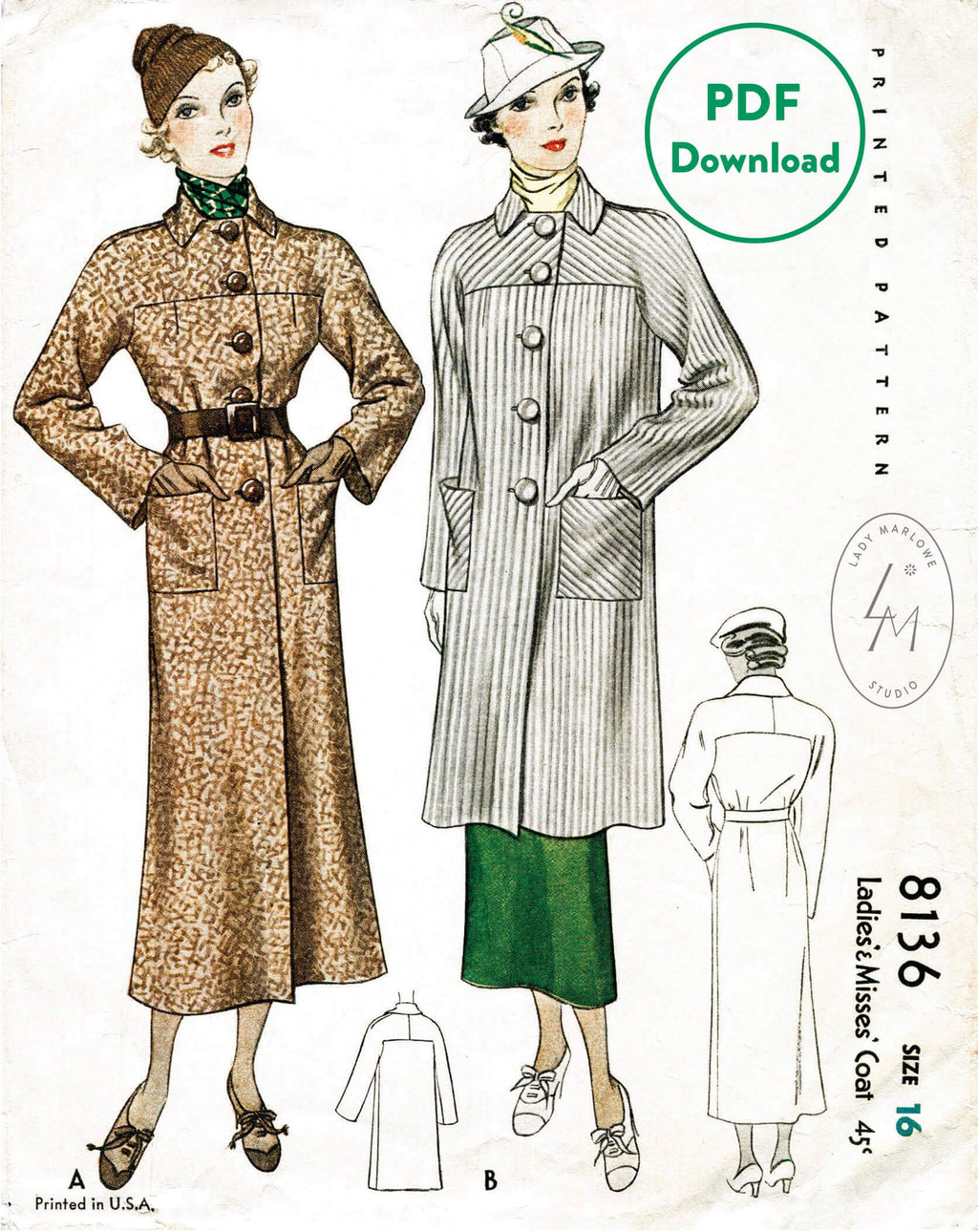 McCall 8136 vintage coat sewing pattern 1930s 30s 1930 outerwear PDF download