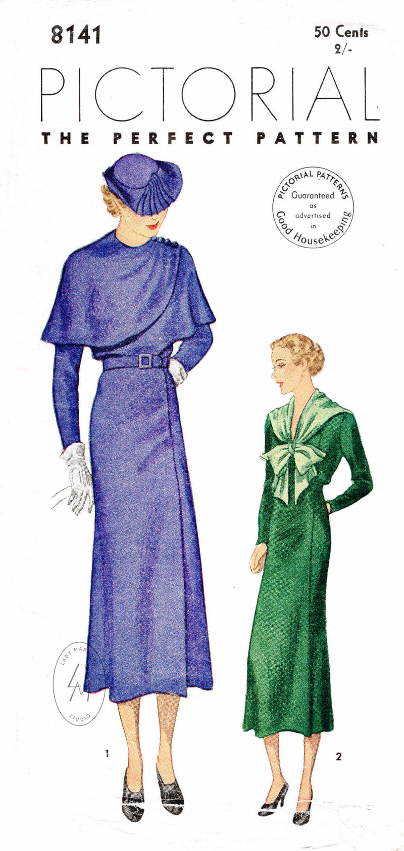 Pictorial Review 8141 1930s dress with wrap cape or bow tie collar vintage sewing pattern reproduction