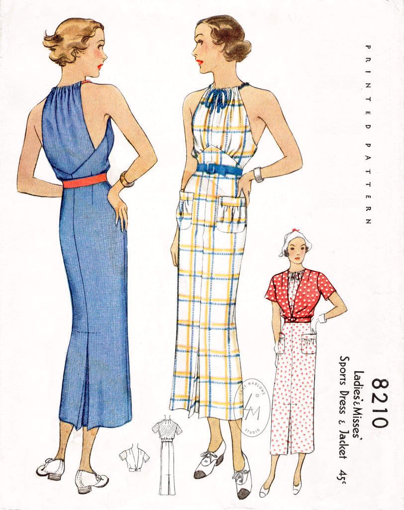 McCall 8210 1930s 1935 sleeveless sports dress and short sleeve jacket 2 piece ensemble vintage sewing pattern reproduction