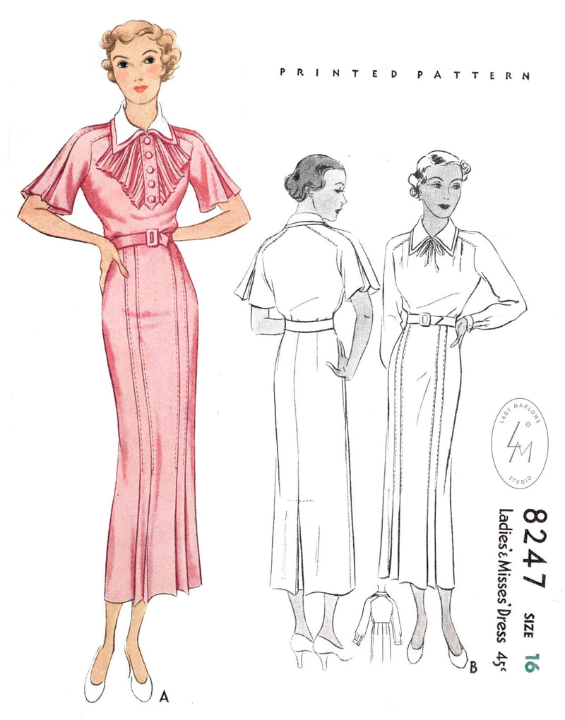 1930s dress McCall 8247 flutter sleeves accordion pleat jabot vintage sewing pattern reproduction