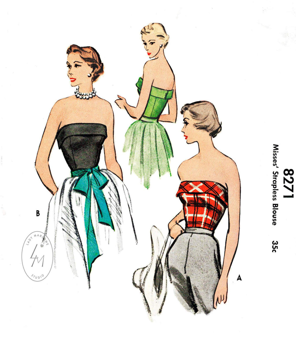 1950s McCall 8271 vintage bustier strapless top pattern vintage sewing reproduction