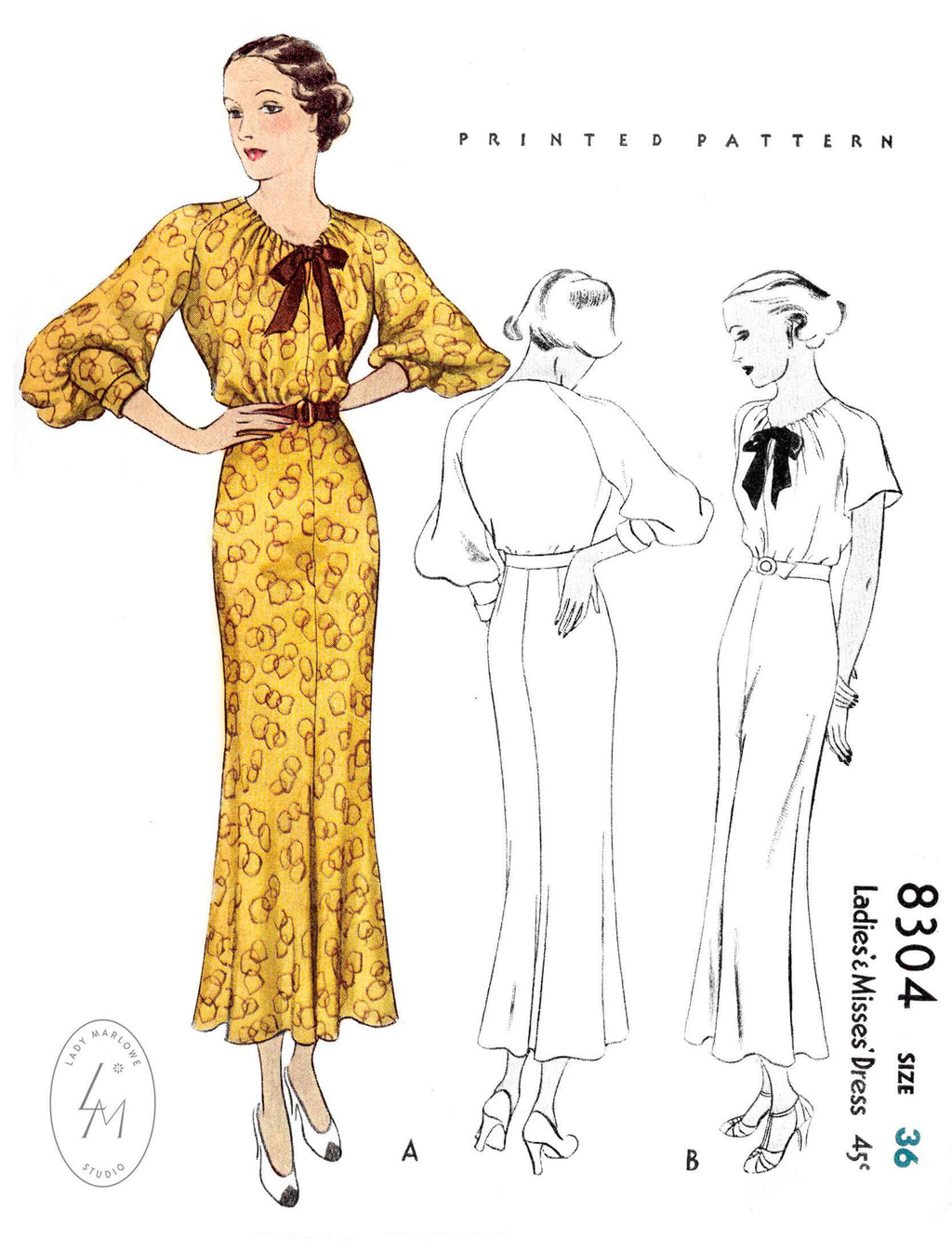 1930s McCall 8304 1935 dress vintage sewing pattern raglan sleeves flared skirt French & English reproduction
