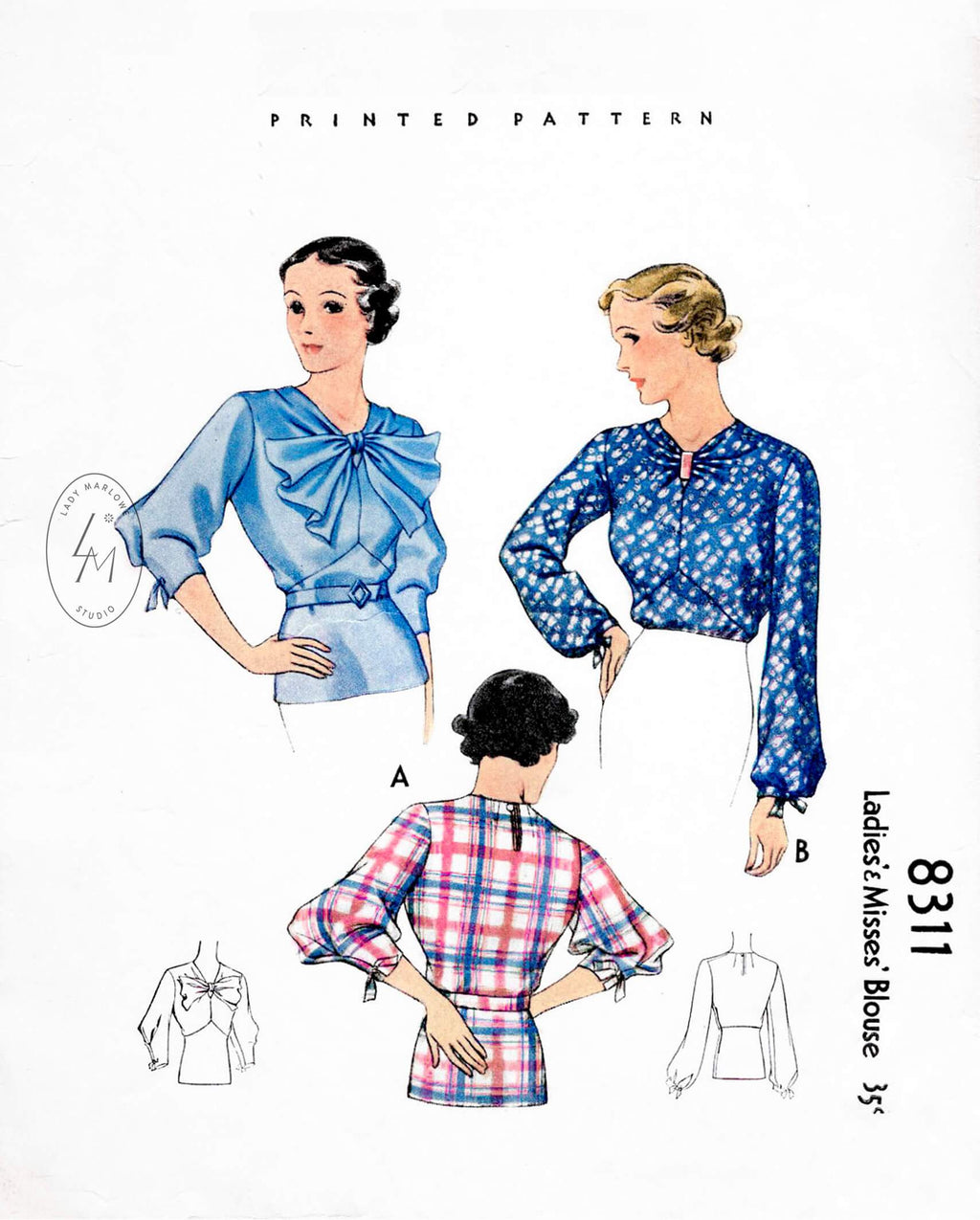 1930s 30s blouse McCall 8311 peplum waist full sleeves art deco style vintage sewing pattern reproeduction