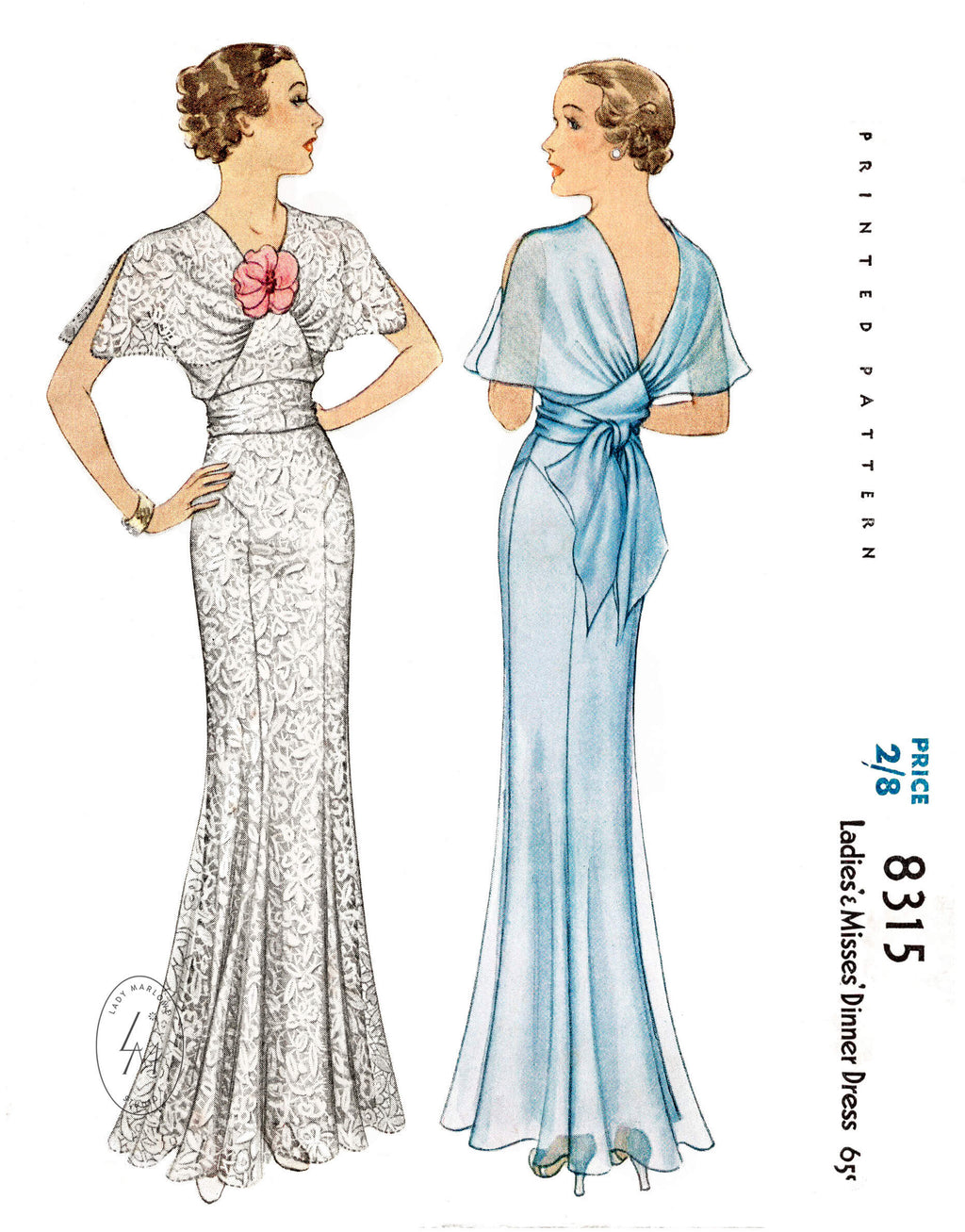 McCall 8315 1930s 1935 evening gown bridal wedding dress vintage sewing pattern reproduction