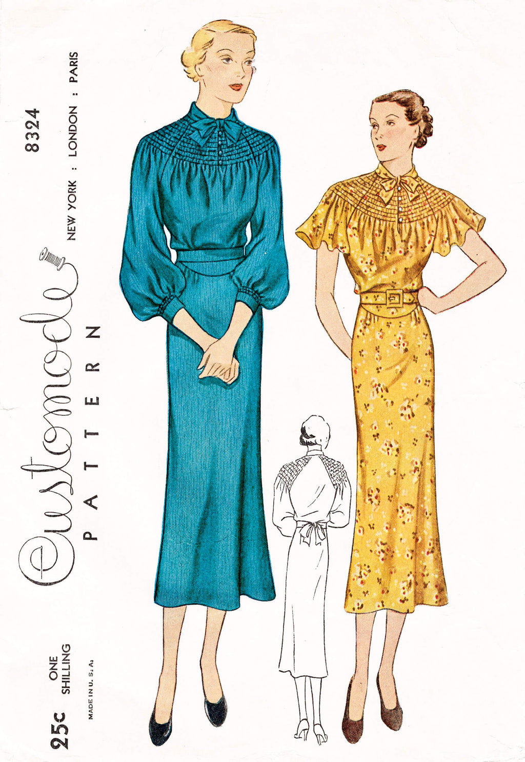 1930s 30s Customode Simplicity 8324 art deco dress flutter sleeves shirring neckline vintage sewing pattern reproduction