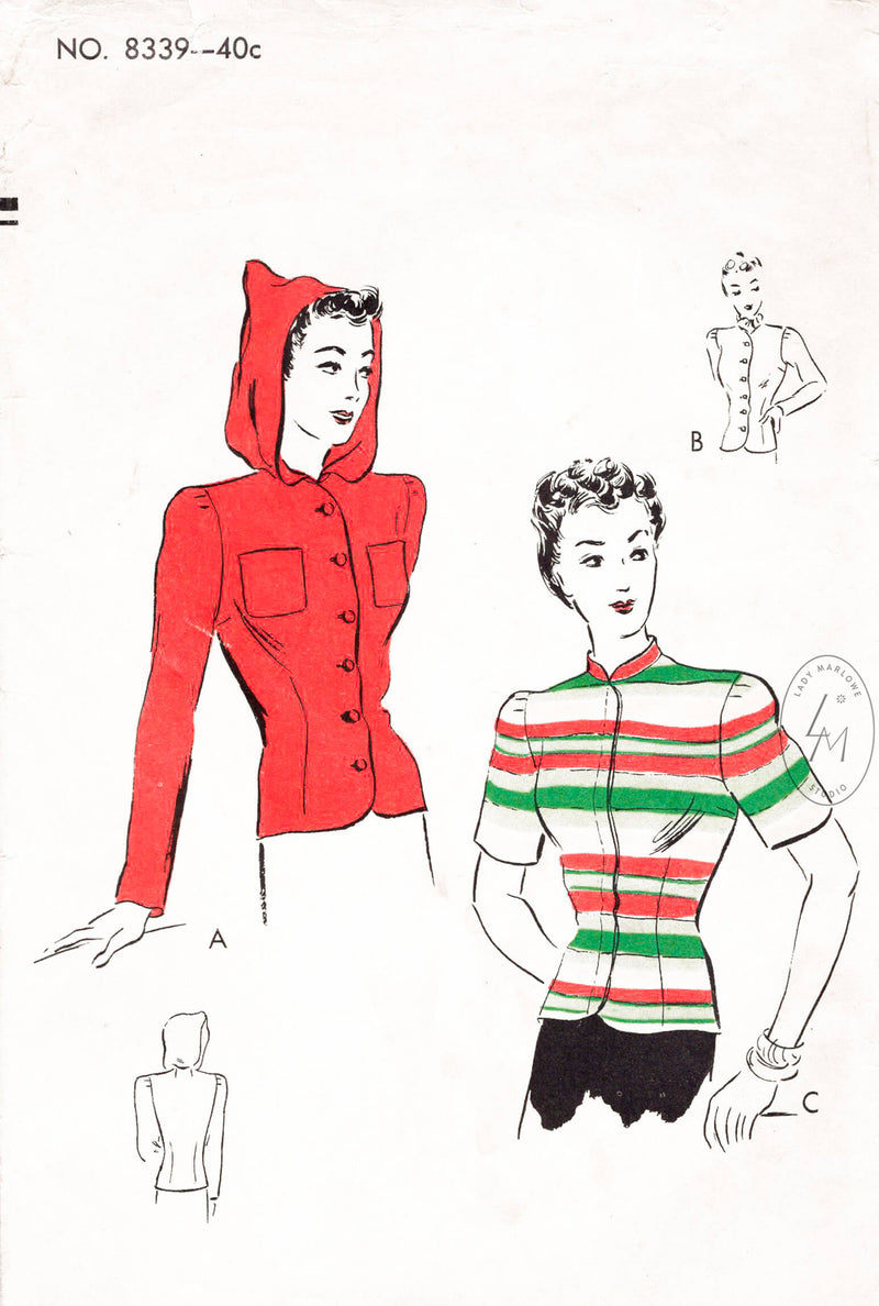 1940s button down blouse with hood vintage sewing pattern reproduction Vogue 8339