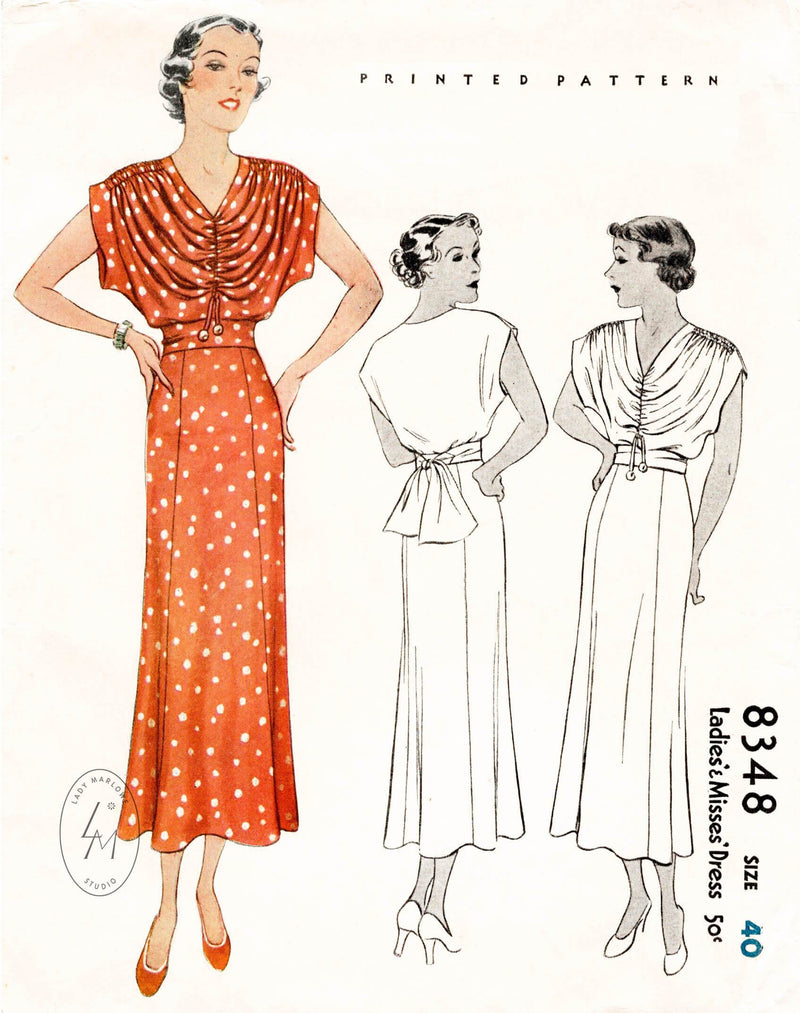 McCall 8348 1930s 1935 Alix dress shirring drapery vintage sewing pattern repro
