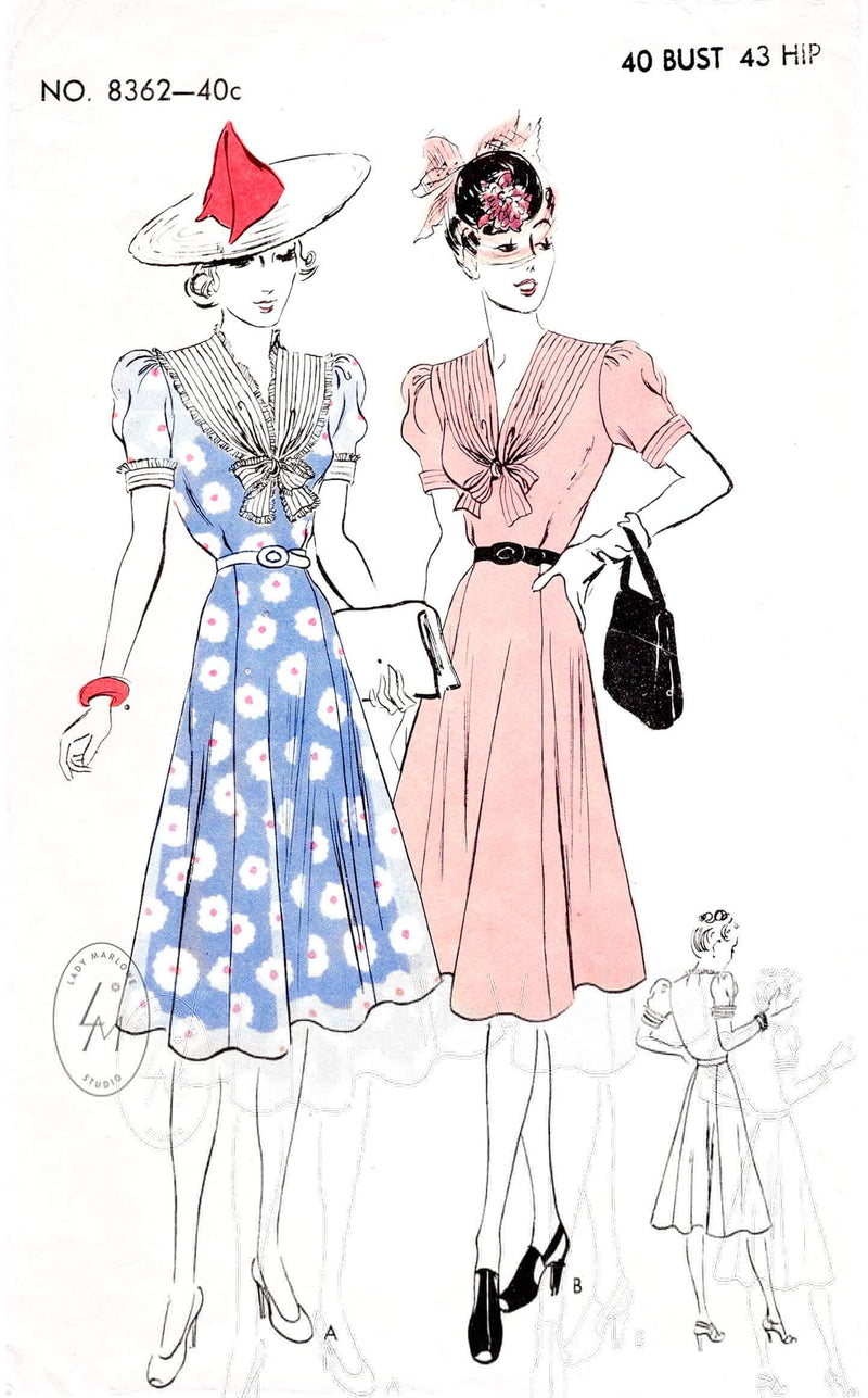 1930s 1940s day dress Vogue 8362 puff sleeves flared skirt pleat trim vintage sewing pattern reproduction