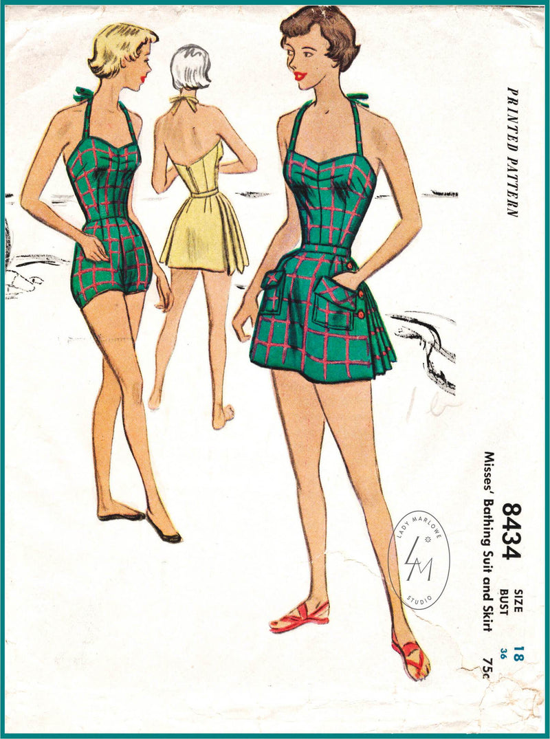 1940s swimsuit playsuit beach dress vintage sewing pattern 8880 – Lady  Marlowe