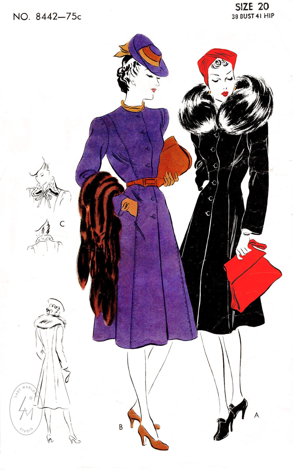 1930s coat vintage sewing pattern reproduction princess seams fur collar in 2 styles Vogue 8442