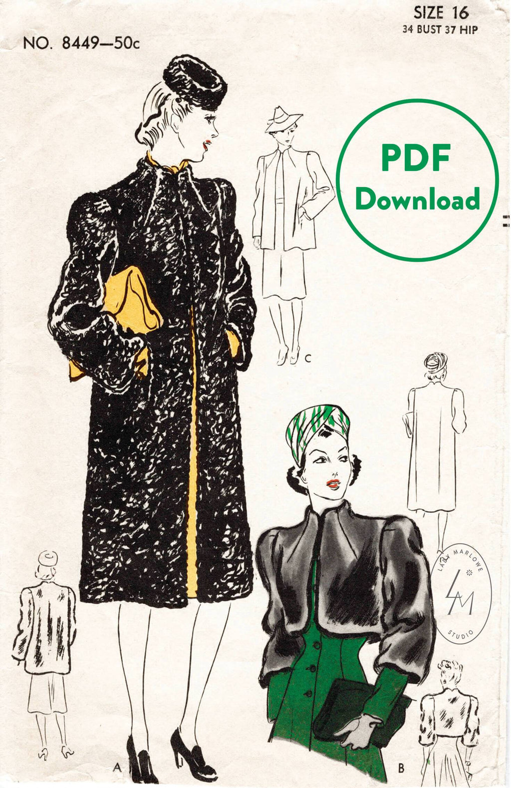 Vogue 8440 1940s vintage sewing pattern 1940 40s shearling coat bolero jacket PDF download