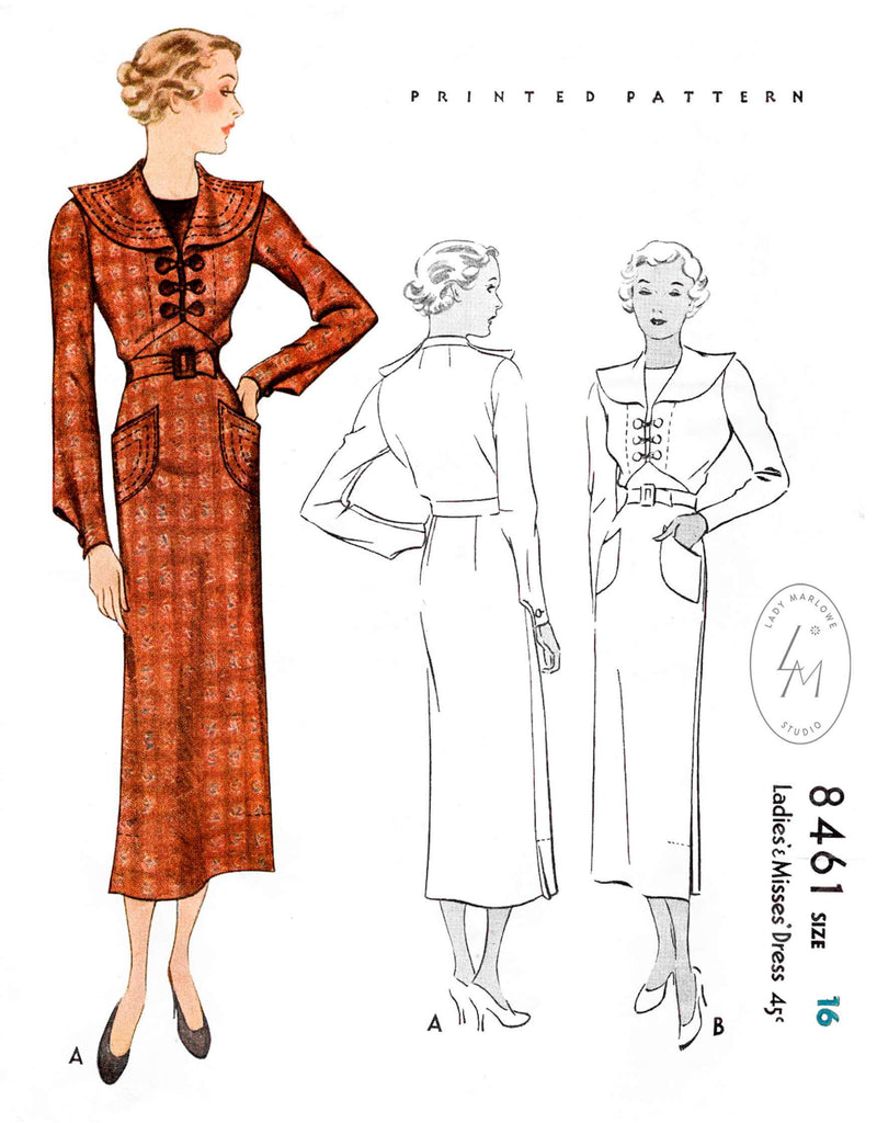 1930s 1935 day dress McCall 8461 round collar topstitching corded loop button closure dart sleeves vintage sewing pattern reproduction