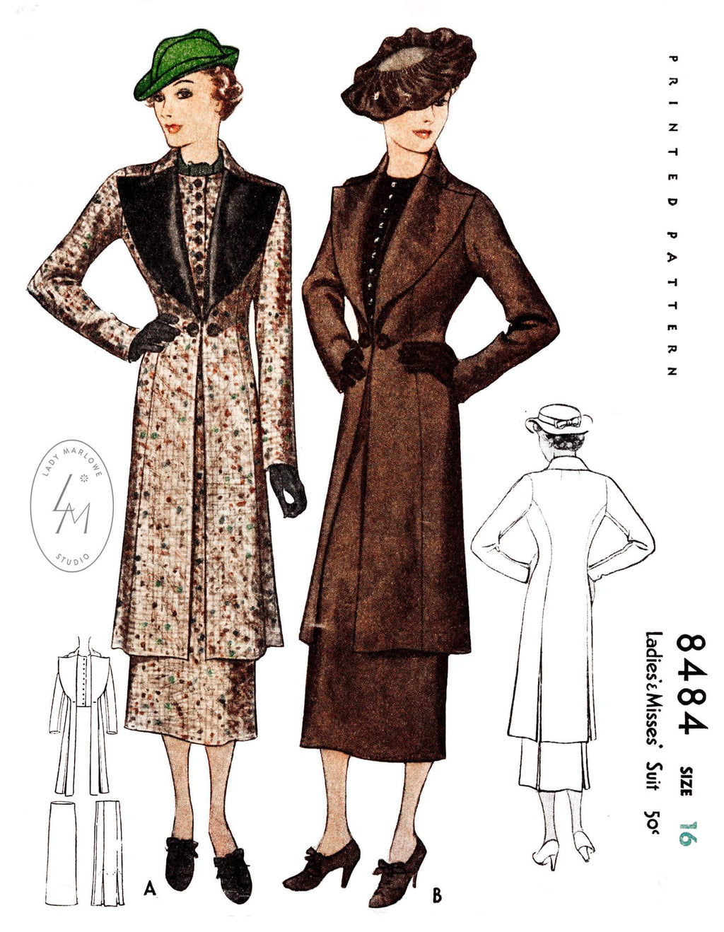 1930s 1935 outerwear & skirt ensemble McCall 8484 wide lapel coat inverted pleat skirt vintage sewing pattern reproduction