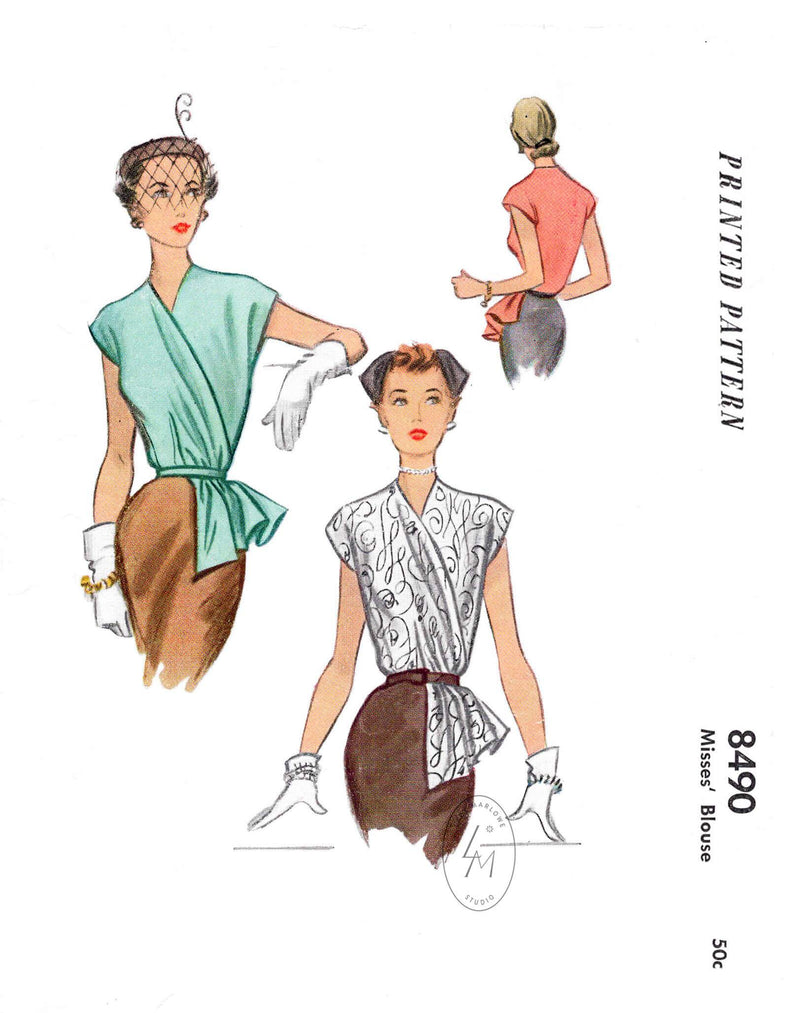 1950s 1951 wrap blouse McCall 8490 daytime or cocktail occasion front gathers drape detail vintage sewing pattern reproduction