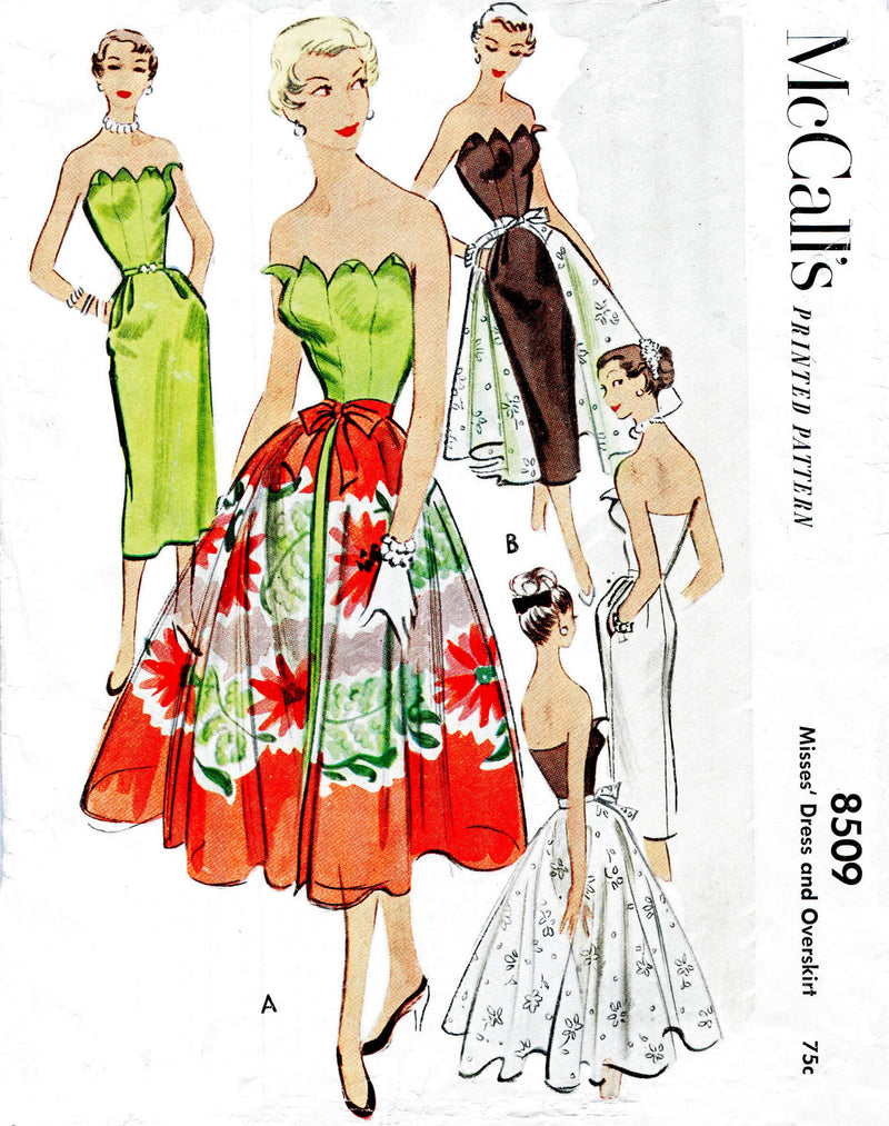 McCall's 8509 1950s 1951 cocktail evening dress full overskirt petal shaped bodice vintage sewing pattern reproduction