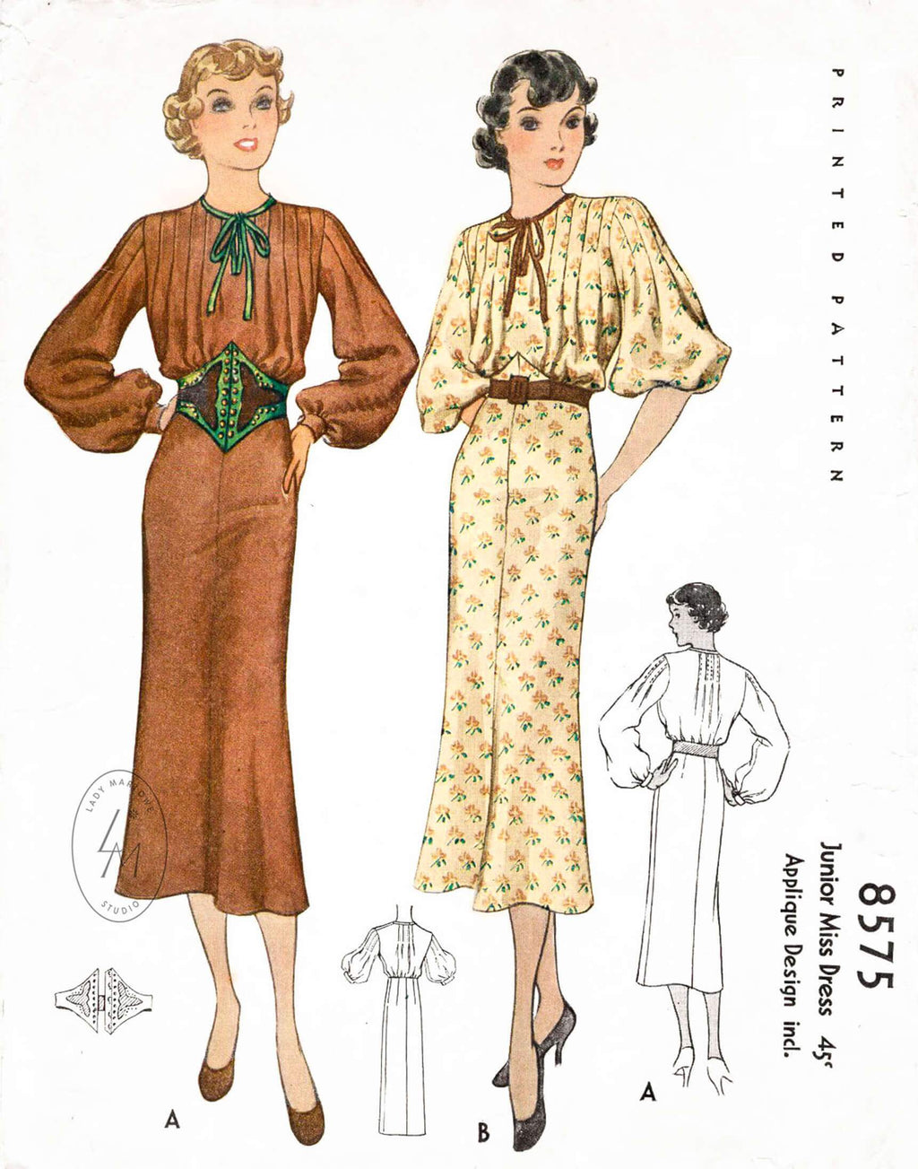 1930s 1935 McCall 8575 peasant blouse dress wide girdle belt vintage sewing pattern repro
