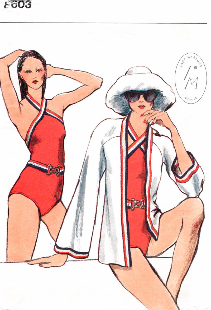 1960s 1970s beachwear one piece bathing suit and knit cardigan vintage sewing pattern reproduction Vogue 6803