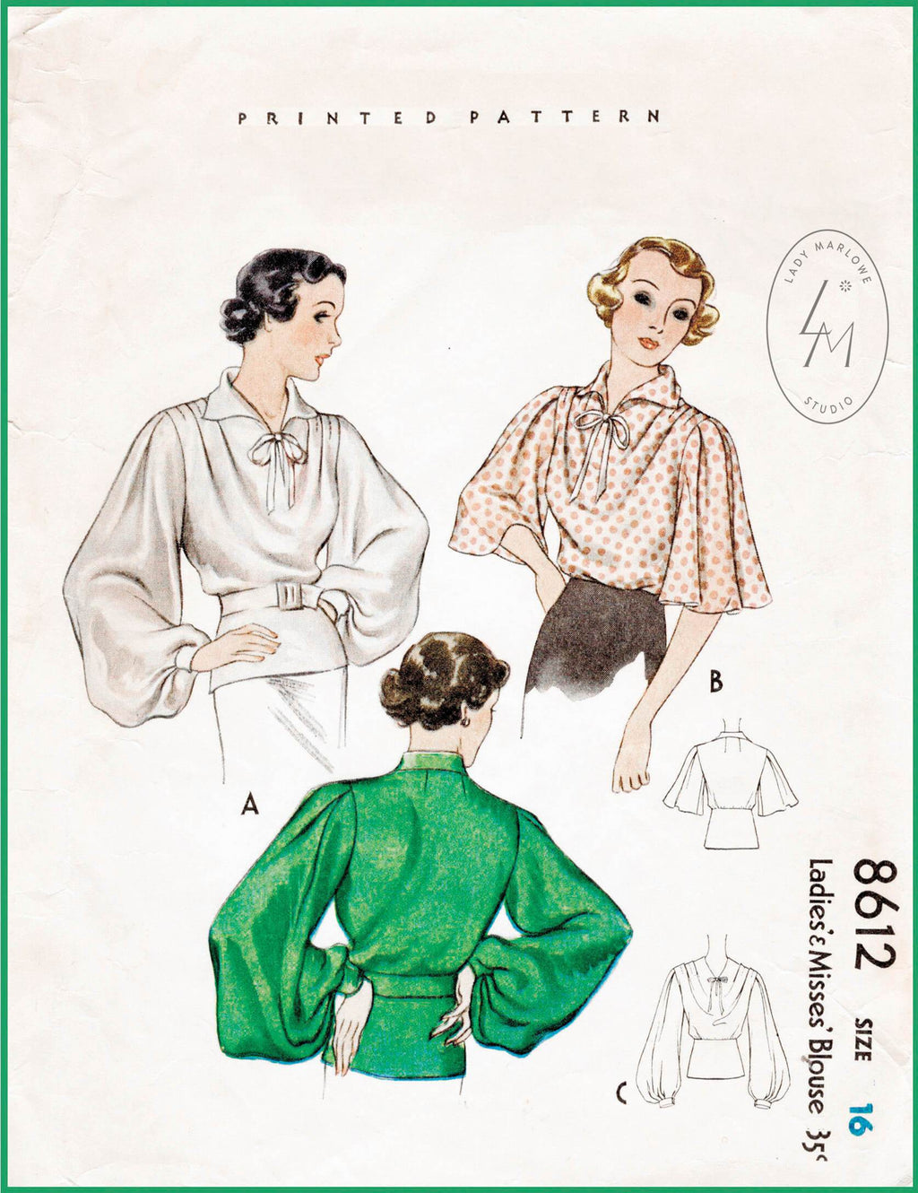 McCall 8612 vintage sewing pattern 1930s 30s pattern women's blouse bishop or flared sleeves art deco style