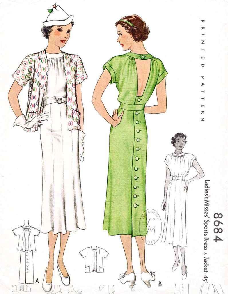 1930s sewing pattern McCall 8684 dress & box jacket ensemble 1936 vintage pattern repro