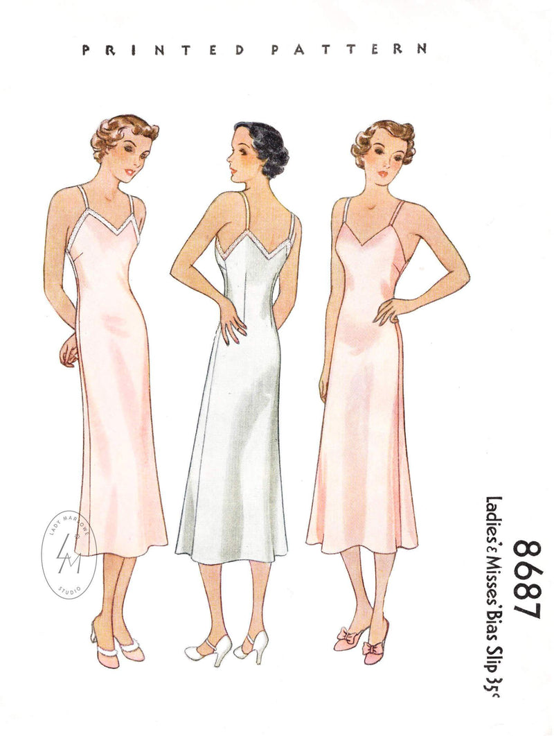 1930s 1936 McCall 8687 easy to make slip dress with v neckline vintage sewing pattern reproduction