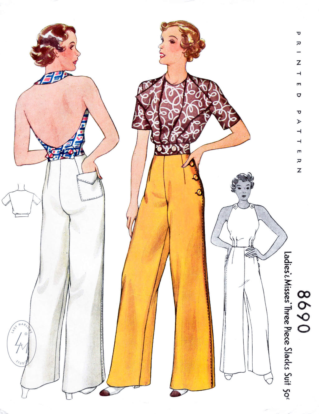 McCall 8690 1930s 1936 sailor trousers, slacks, halter top, and bolero jacket vintage sewing pattern reproduction