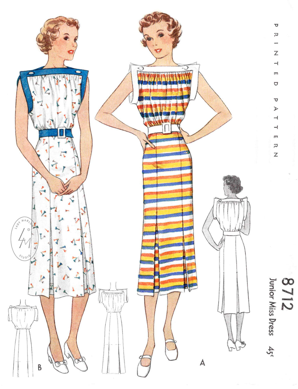 1930s 1936 misses' vintage summer dress sports dress McCall 8712 wide contrast band square bodice inverted pleat skirt sewing pattern reproduction