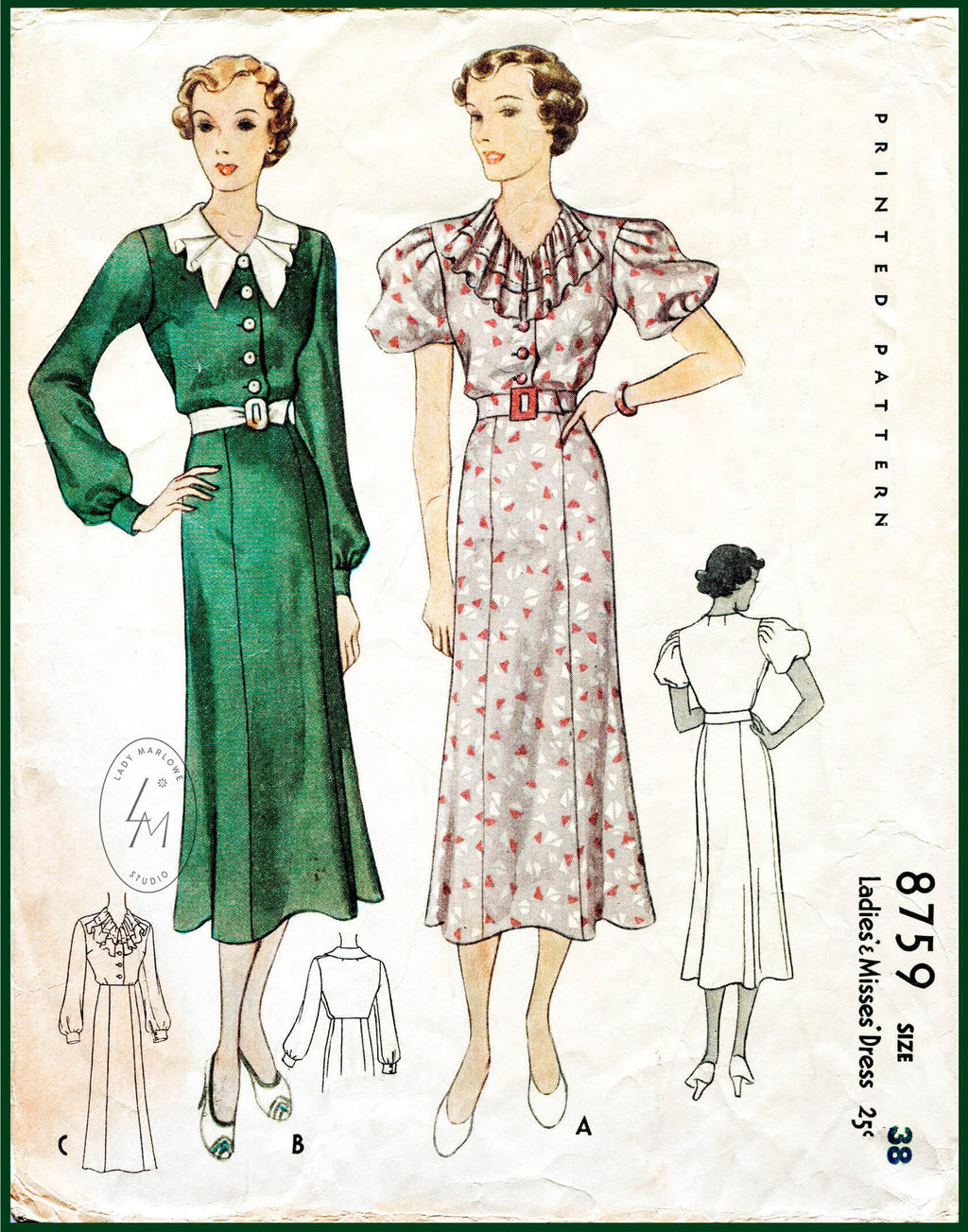 McCall 8759 1930s day dress ruffle collar vintage sewing pattern