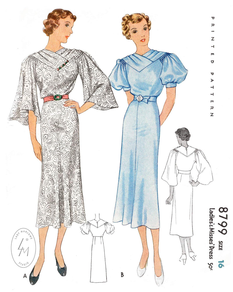 McCall 8799  1930s art deco dress pattern bell sleeves puff sleeves vintage sewing pattern reproduction