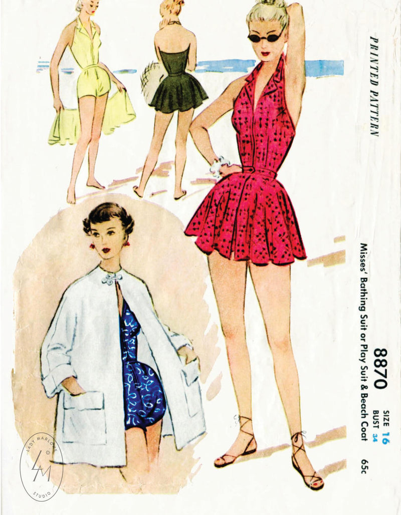 McCall 8870 1960s playsuit swimsuit beach coat vintage sewing pattern