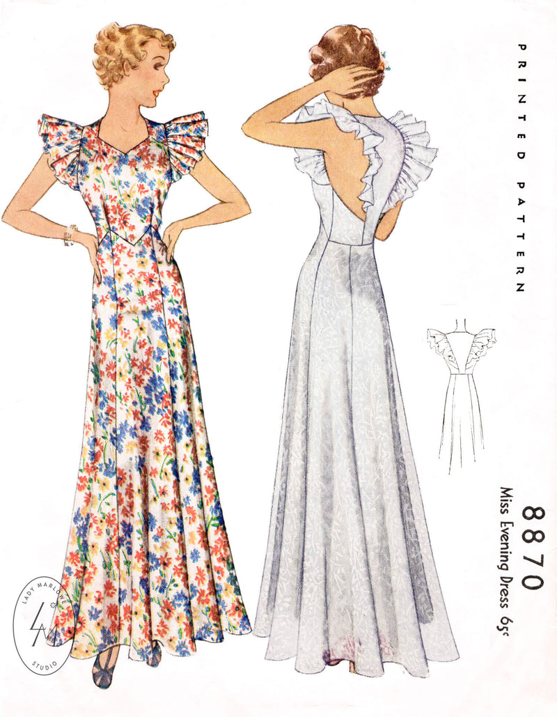 McCall 8870 1930s 1936 vintage sewing pattern evening dress gown