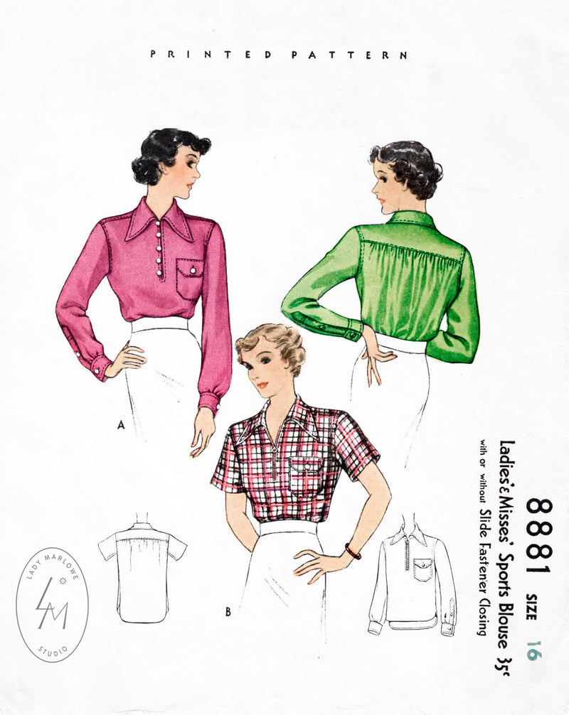 McCall 8881 1930s 1936 blouse vintage sewing pattern reproduction pointed collar button cuffs patch pocket