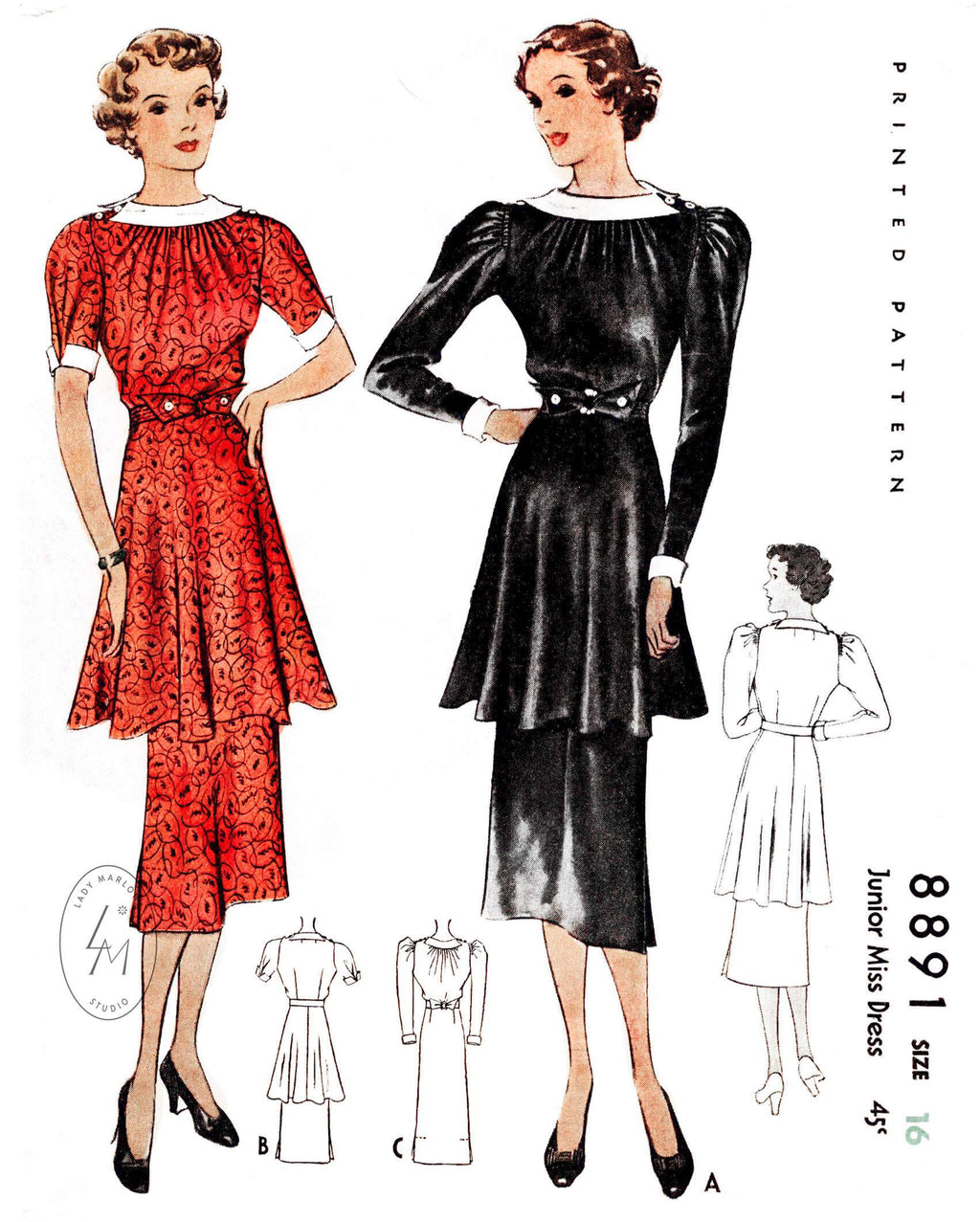 McCall 8891 1930s 1936 tunic dress shirring detail vintage sewing pattern repro