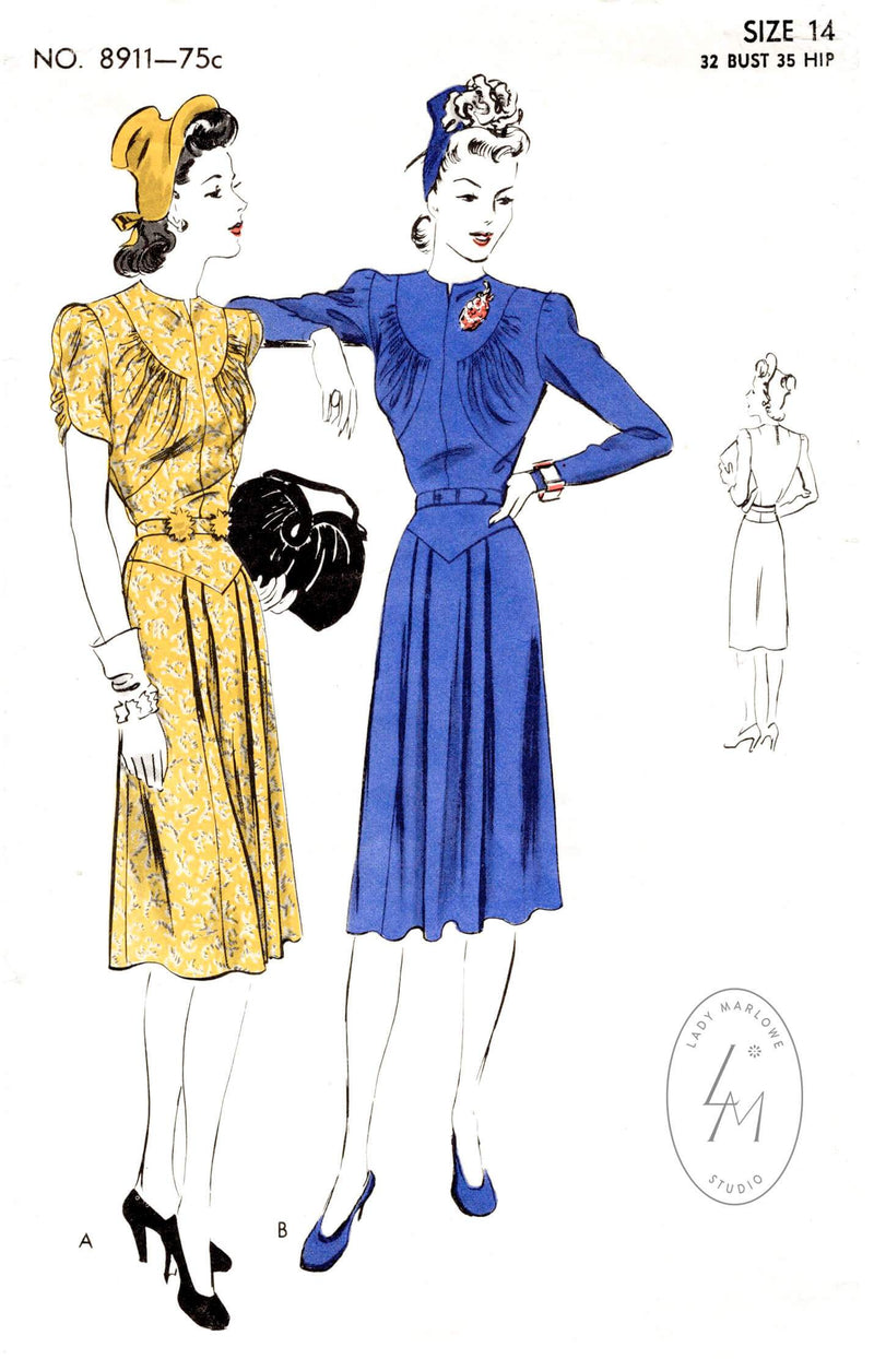 Vogue 8911 1940s day or afternoon dress jewel neck curved seams vintage sewing pattern reproduction
