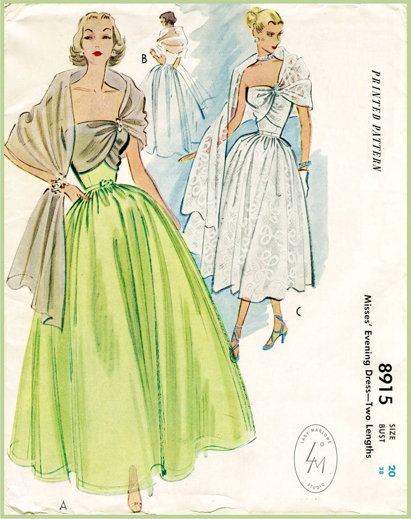 McCall 8915 1950s vintage sewing pattern 1950 50s evening gown 