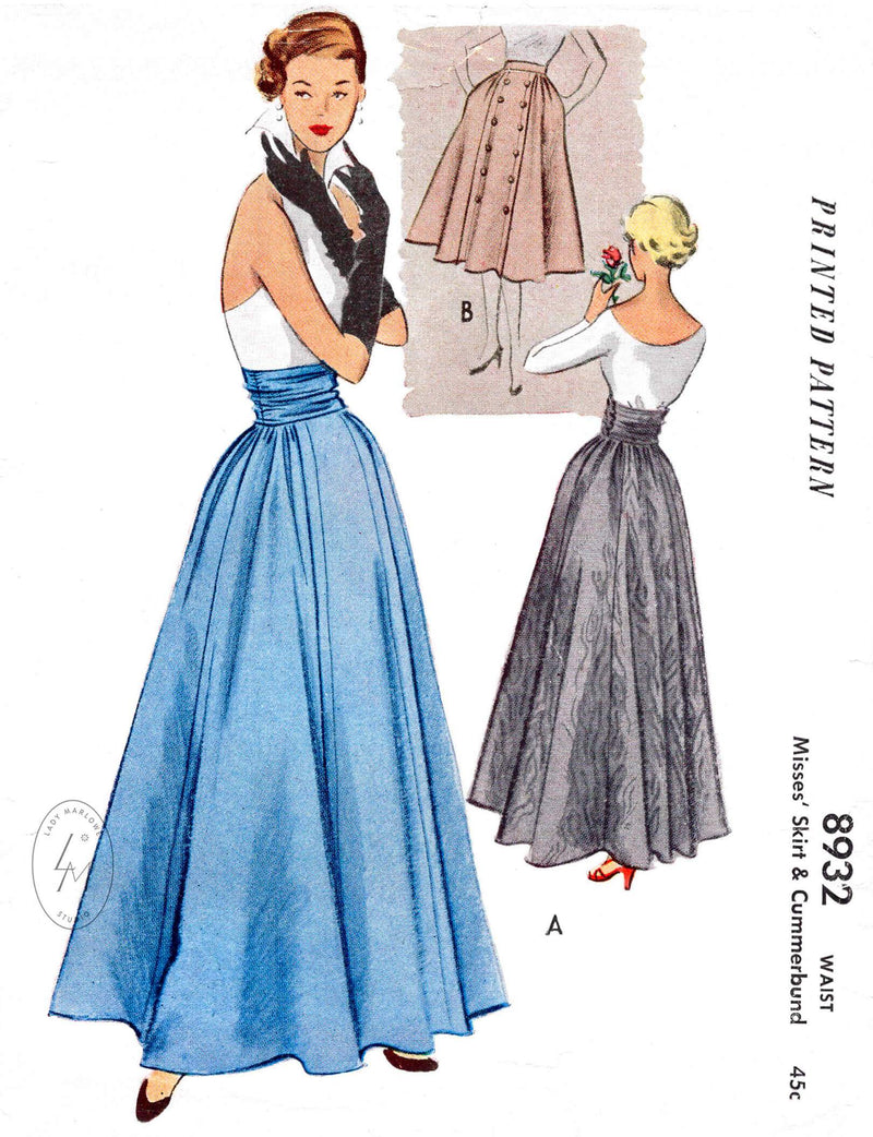 1950s 1952 day or evening skirt McCall's 8932 cinched cummerbund waist full skirt vintage sewing pattern reproduction