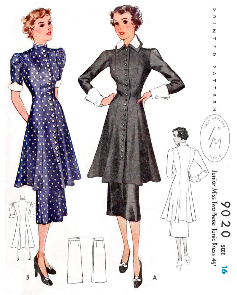 McCall 9020 1930s 1936 tunic dress trapeze silhouette vintage sewing pattern reproduction