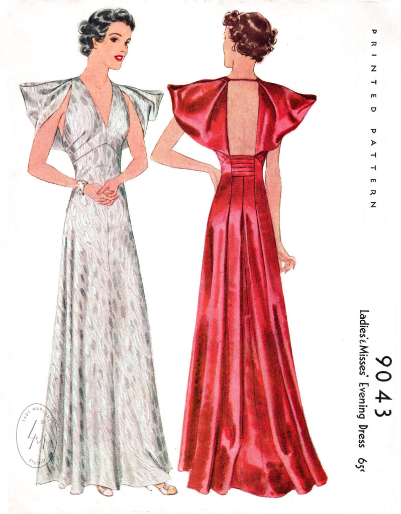 McCall 9043 1930s vintage sewing pattern reproduction evening gown dramatic sleeves backless