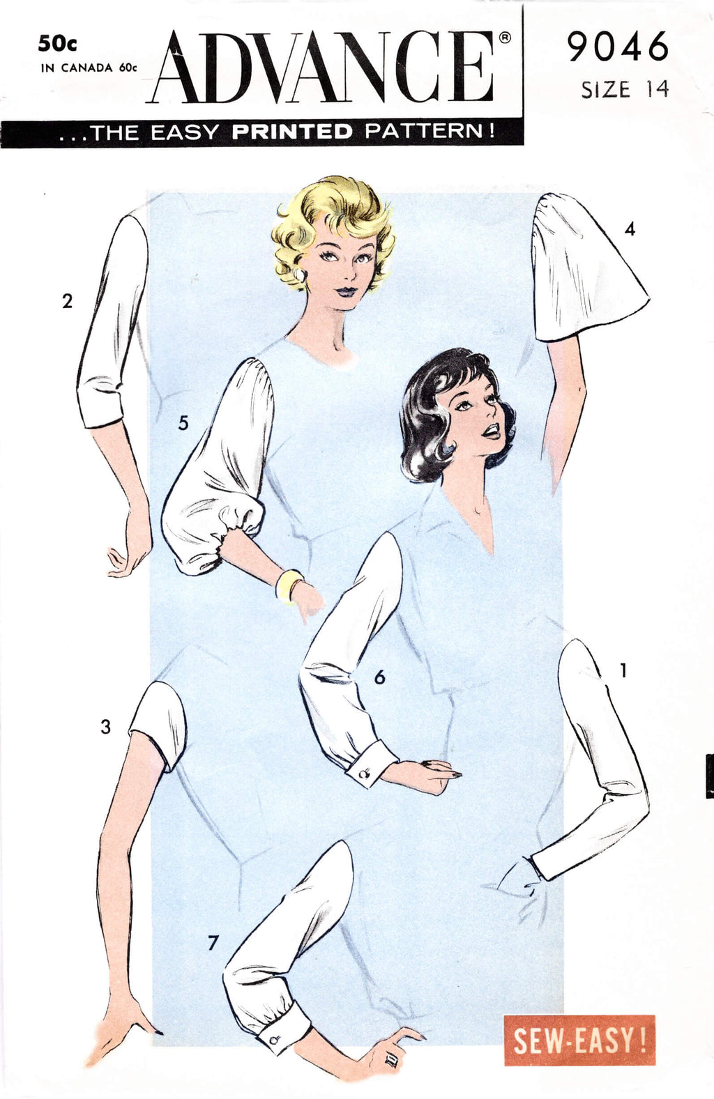 1950s 1959 set of sleeve vintage sewing pattern reproduction 7 styles bishop sleeve cape sleeve 3/4 length Advance 9046