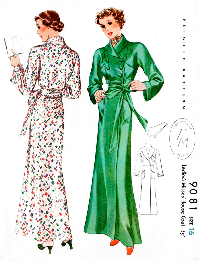 McCall 9081 1930s 1936 smoking robe shawl collar double breasted vintage sewing pattern reproduction