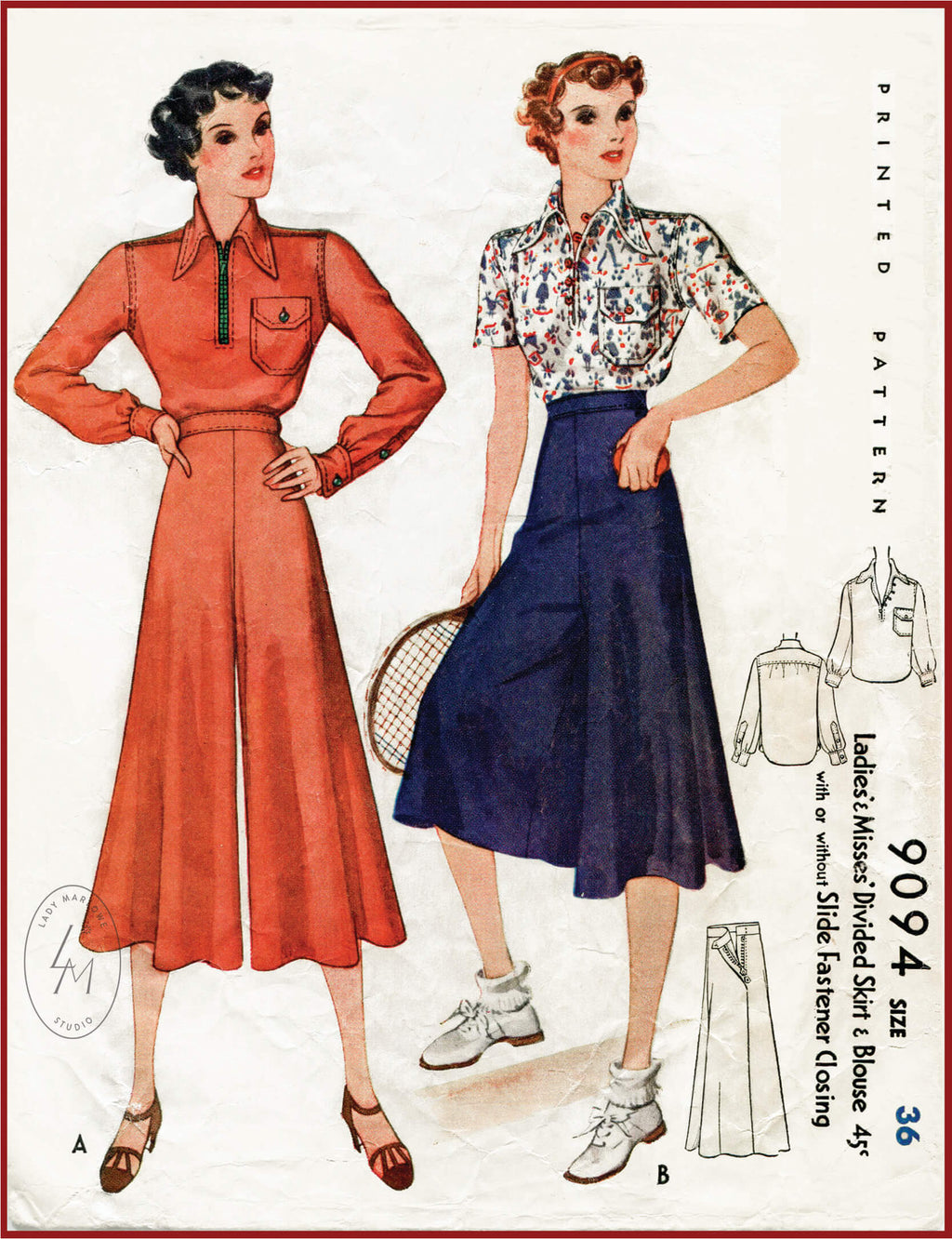 1930s wide leg culottes and blouse vintage sportswear sewing pattern 9094 –  Lady Marlowe