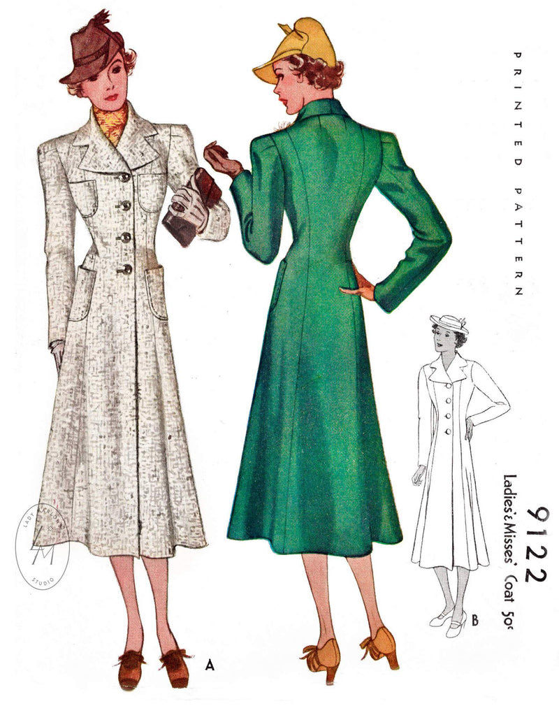 1930s 1937 outerwear coat pattern McCall 9122 notch collar princess seams flared hem vintage sewing pattern reproduction